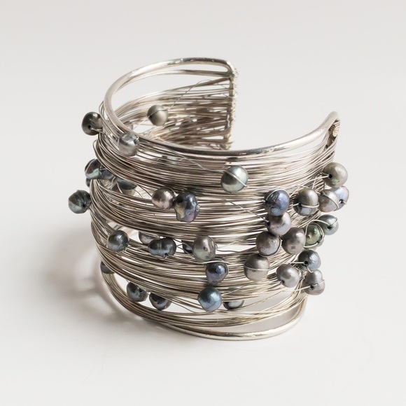 Wide Wire Wrapped Bangle Cuff Bracelet With Black Peacock Freshwater Pearls NWT - Picture 9 of 14